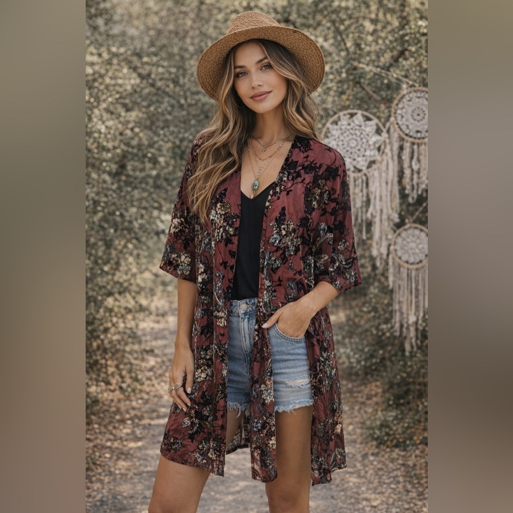 Arizona Jean Co. Burnout Velvet Floral Kimono Duster Cardigan XS/S Boho Sheer